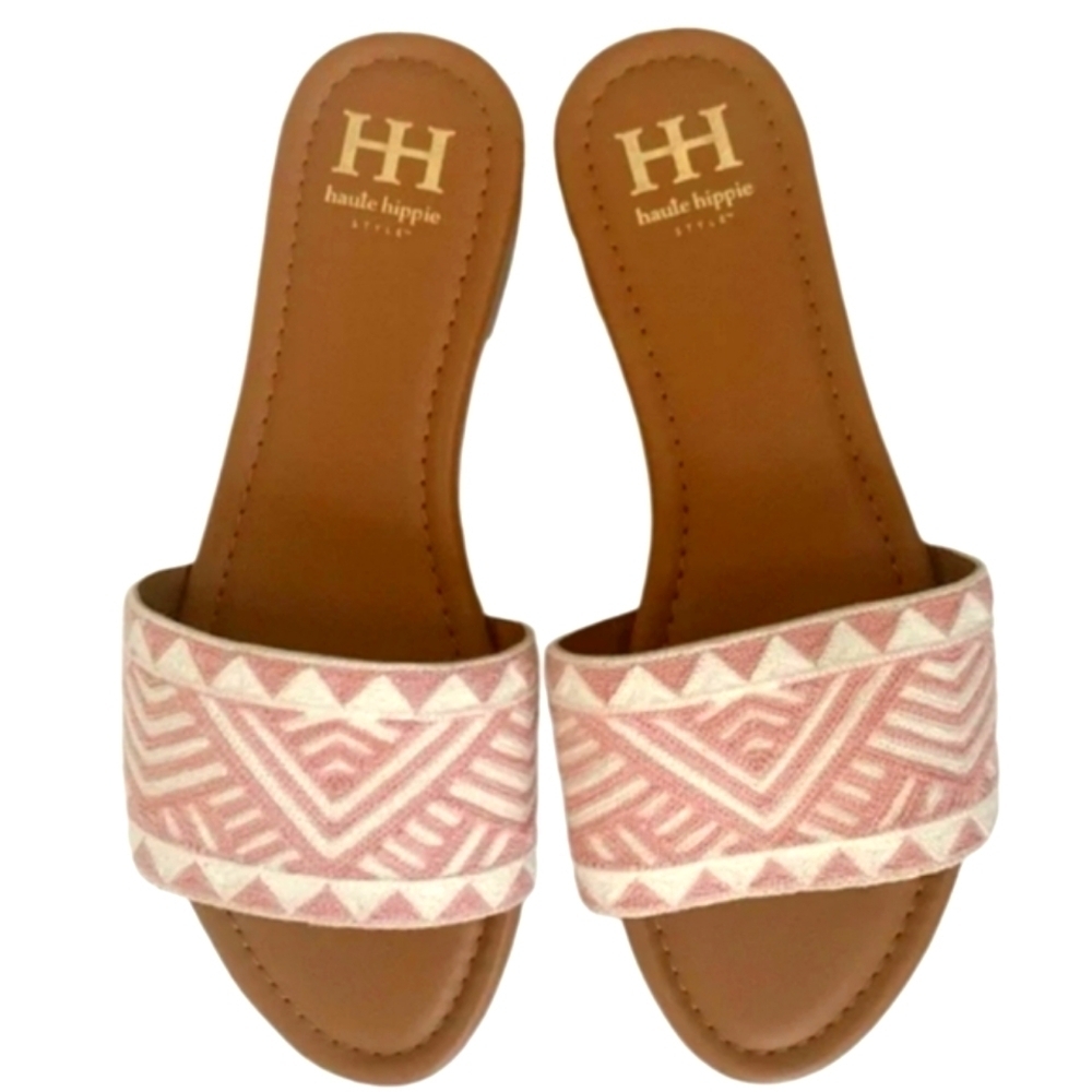 NEW! HAUTE HIPPIE Pink Slip On Aztec Embroidered Slide On Sandals 7.5.